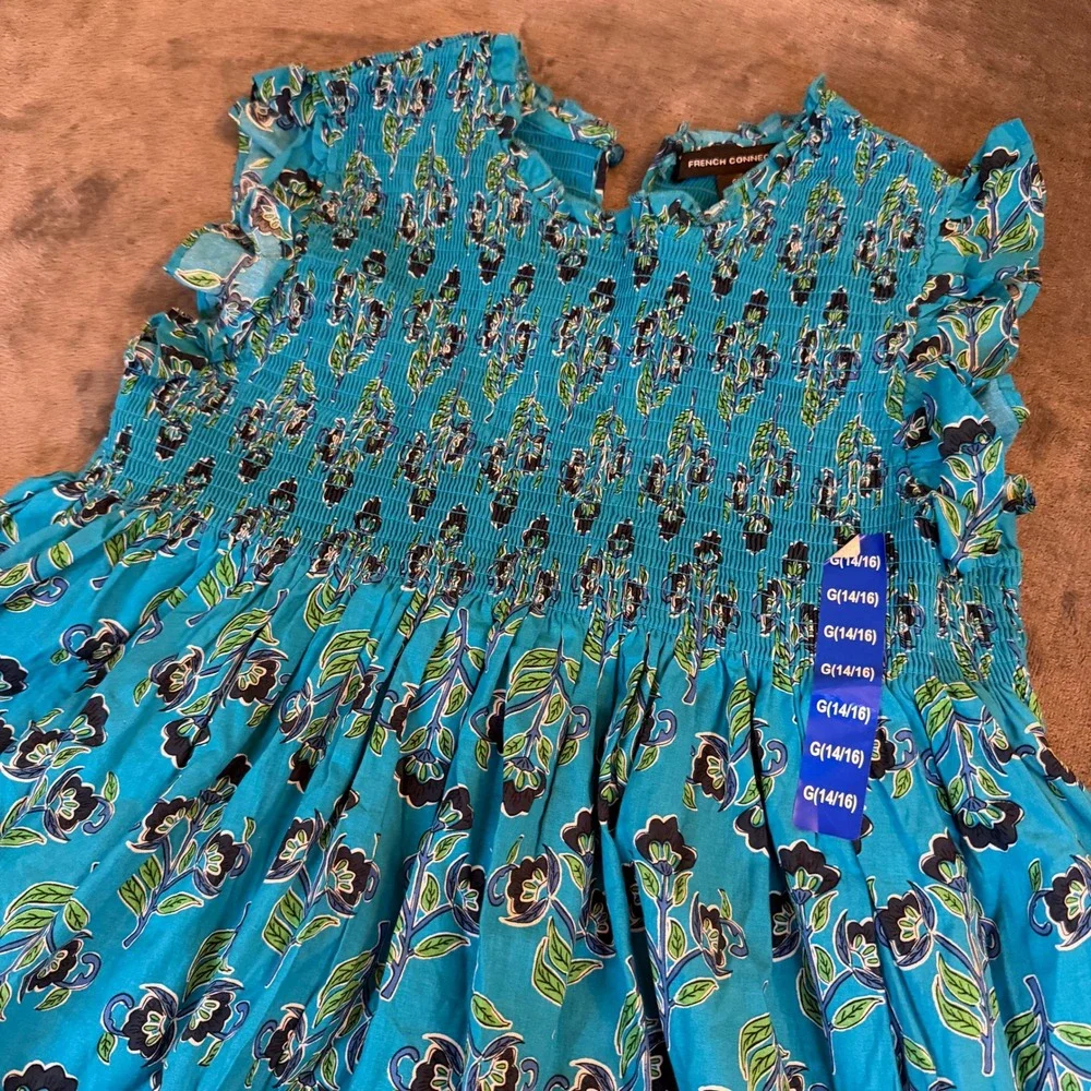 French Connection Smocked Floral Dress‎ Girls Large 14/16 Blue Cotton Ruffle